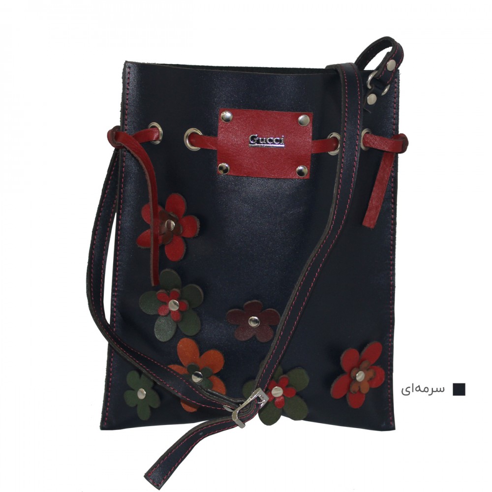 ارسال رایگان-کیف دوشی چرم طبیعی گل دار زنانه سرمه ای 