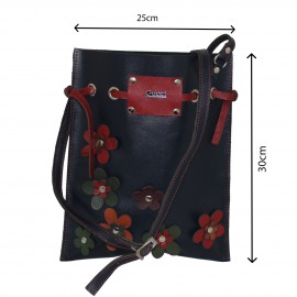 ارسال رایگان-کیف دوشی چرم طبیعی گل دار زنانه سرمه ای 