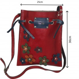 ارسال رایگان-کیف دوشی گل دار زنانه قرمز چرم طبیعی 