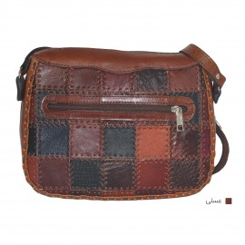 ارسال رایگان-کیف دوشی چرم طبیعی عسلی مدل تیکه دوزی 