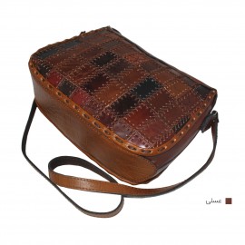 ارسال رایگان-کیف دوشی چرم طبیعی عسلی مدل تیکه دوزی 