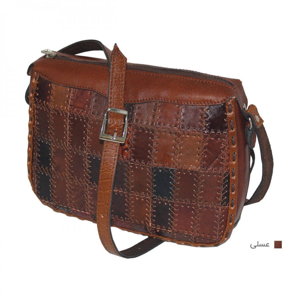 ارسال رایگان-کیف دوشی چرم طبیعی عسلی مدل تیکه دوزی 