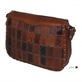 ارسال رایگان-کیف دوشی چرم طبیعی عسلی مدل تیکه دوزی 