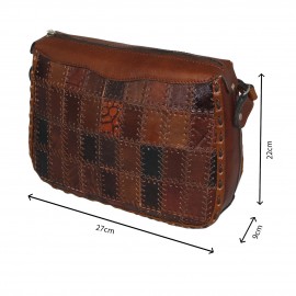 ارسال رایگان-کیف دوشی چرم طبیعی عسلی مدل تیکه دوزی 