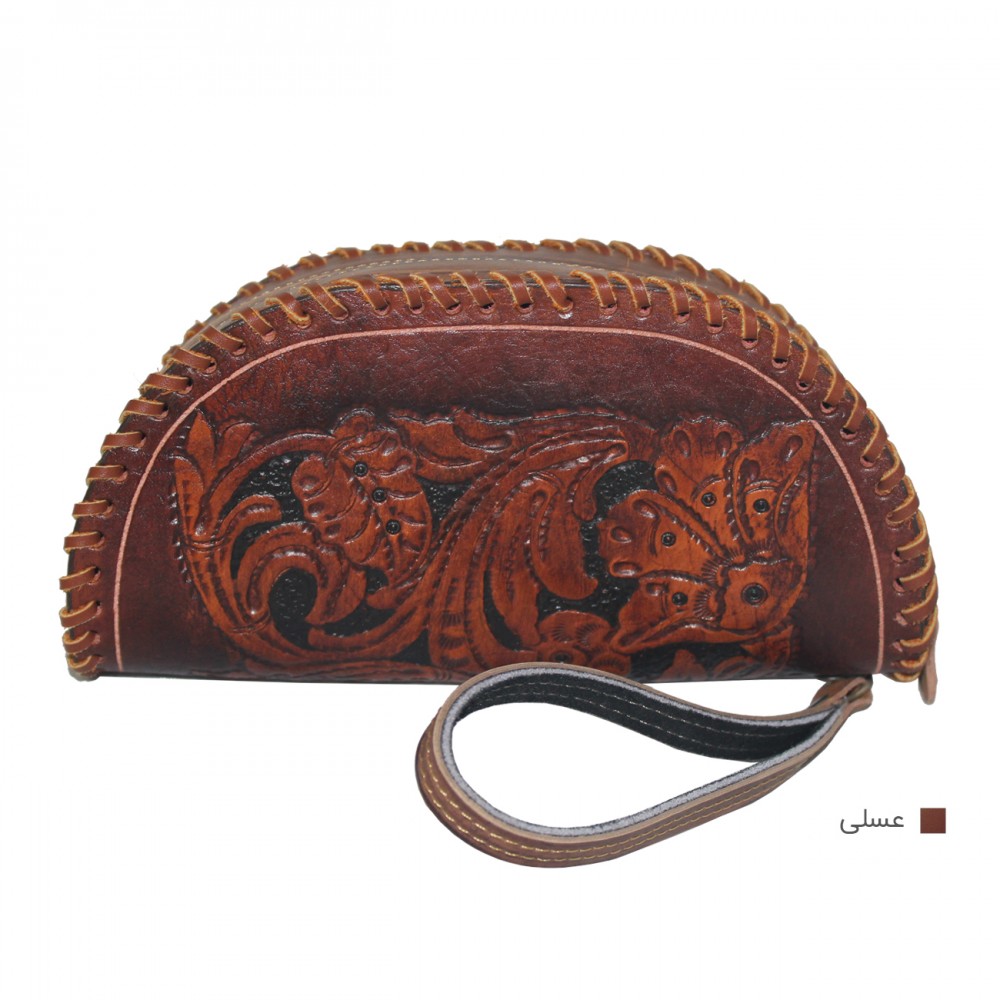 ارسال رایگان-کیف آرایشی چرم طبیعی عسلی مدل شب کنده کاری