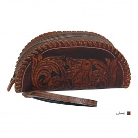 ارسال رایگان-کیف آرایشی چرم طبیعی عسلی مدل شب کنده کاری