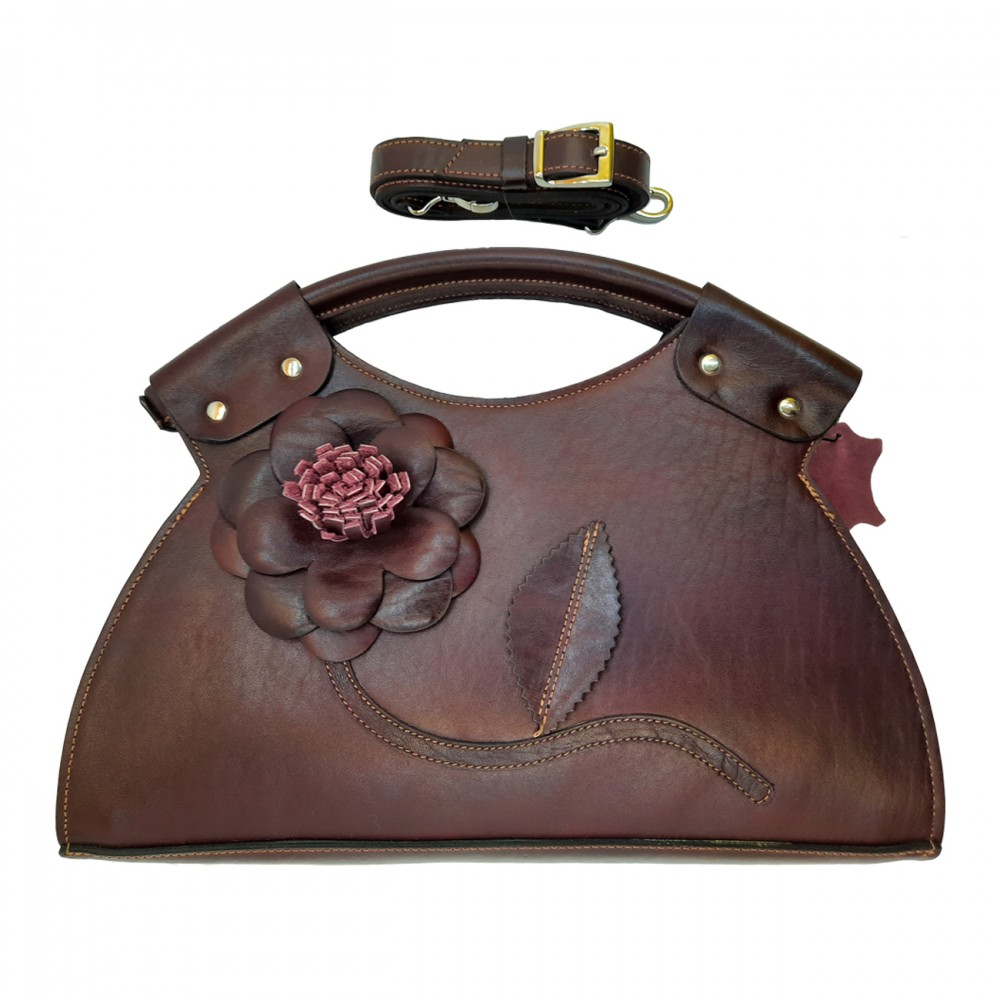 ارسال رایگان-کیف زنانه چرم  طبیعی دوشی و دستی گلدار زرشکی